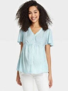 Ingrid & Isabel Maternity Women's Button-Front Woven Blue Stripe Shirt, Size XS.